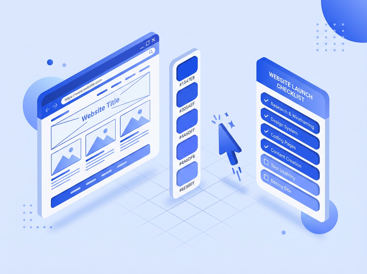Illustration of a website design toolkit including layout, color palette, and checklist elements